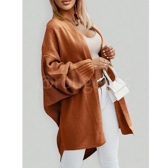 Rust Brown Open Cardigan Knit Long Batwing Sleeve - Picture 3 of 4